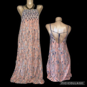 Hem & Thread women dress Medium 8 10 maxi boho tie back open back pink blue tall